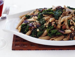 Whole Wheat Penne with Mushrooms, Kale and Hazelnut Gravy