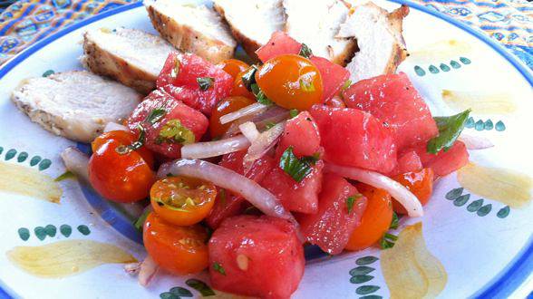 Feta-Stuffed Chicken with Tomato-Watermelon Salad