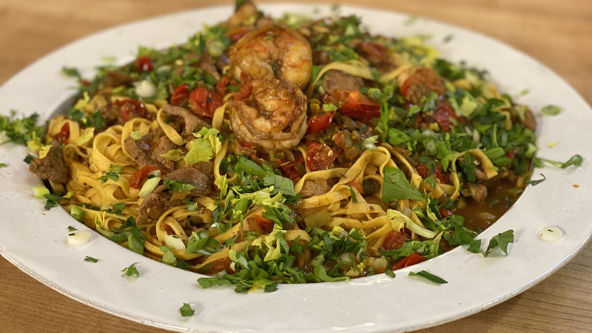 Jambalaya-Style Pasta with Spicy Pork (or Chicken) and Shrimp