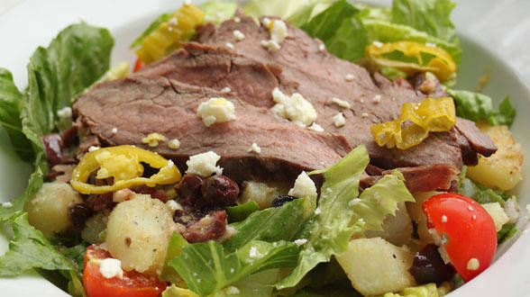 Warm Greek Salad with Sliced Steak