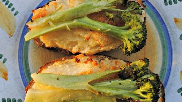 Caramelized Onion and Cheese Twice Baked Potatoes with Roasted Broccoli...