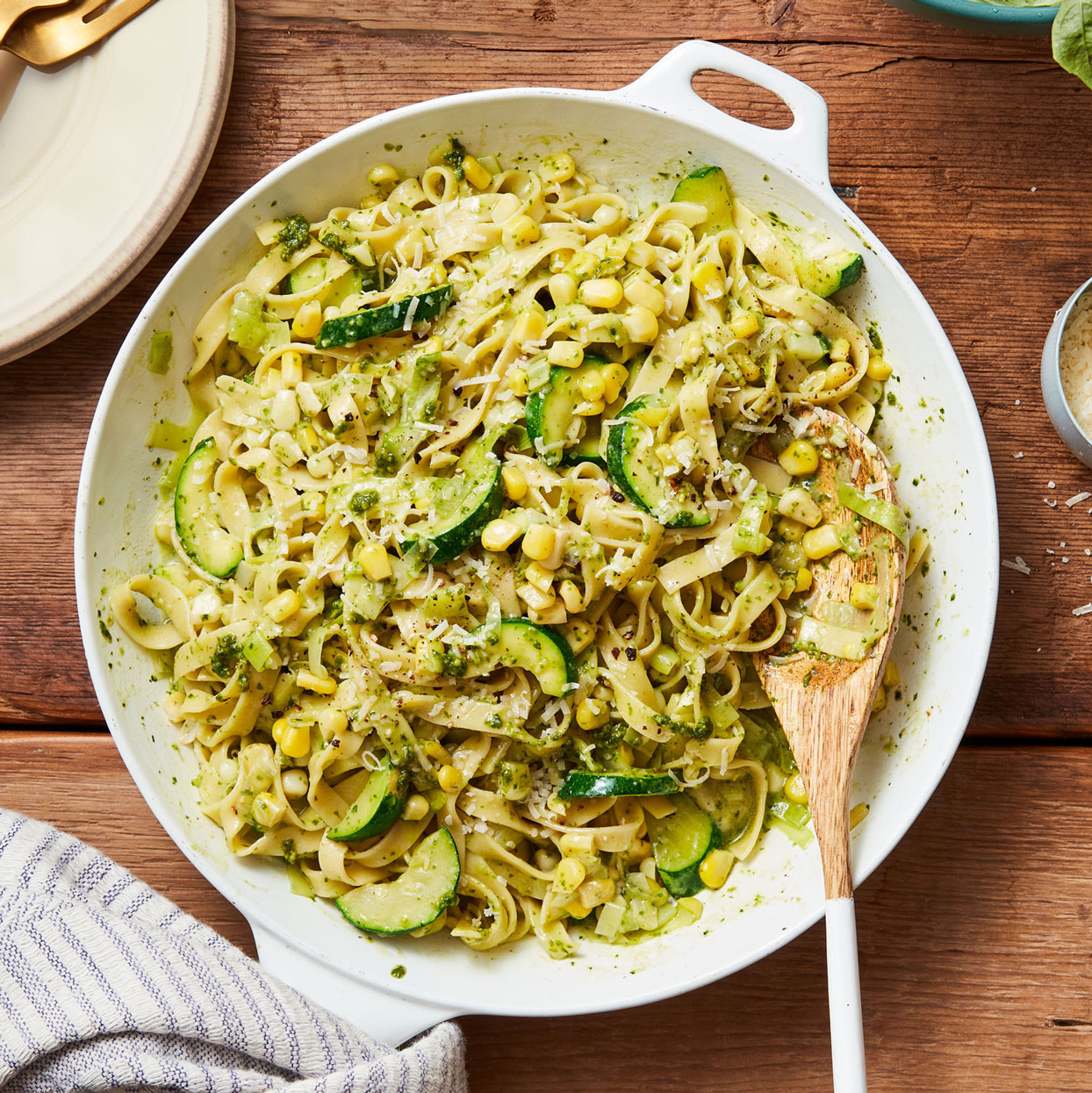 Spicy Pesto Pasta with Sweet Corn & Zucchini