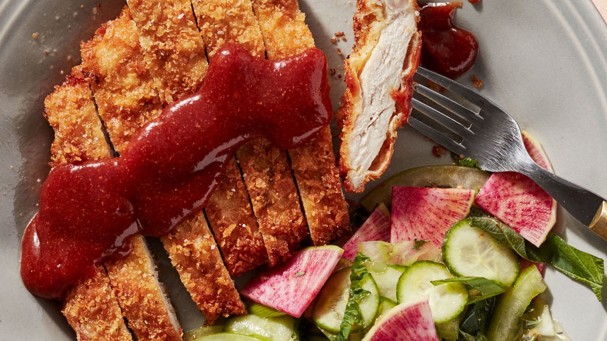 Pork Tonkatsu with Fruit And Cucumber Salad