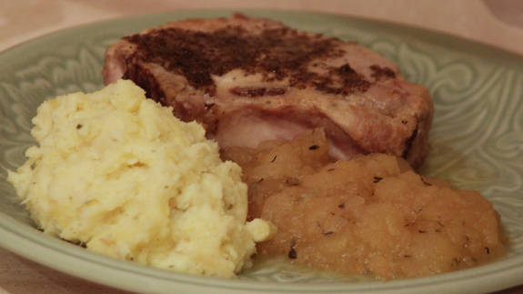 Pork Chops with Balsamic Brown Butter, Applesauce with Thyme, Mashed...