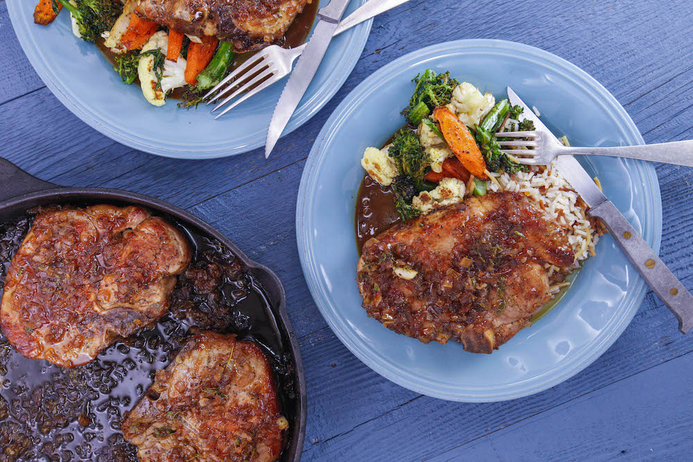 Orange-Glazed Pork Chops, Roasted Vegetable Medley and Almond Rice Pilaf