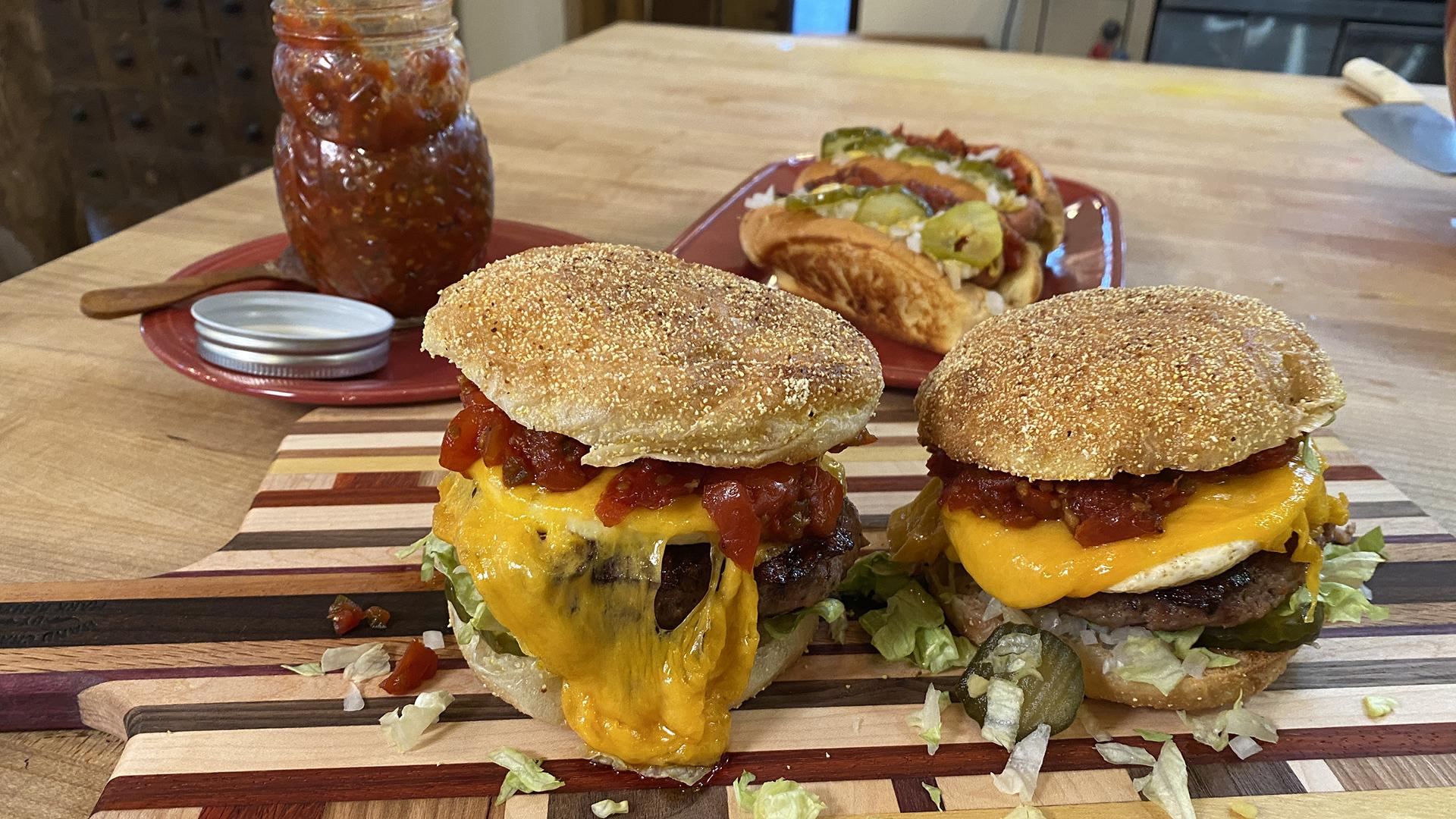 English Muffin BEC (Bacon, Egg & Cheese) Burgers with Tomato Jam