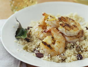 Bay and Lemon Shrimp Skewers with Olive Couscous