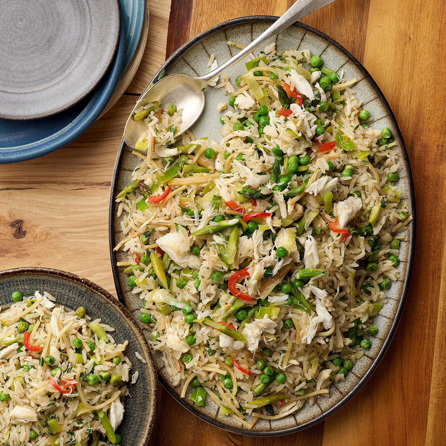 Rice-a-Roni Upgrade: Rice Pilaf with Crab, Leeks, Asparagus & Peas