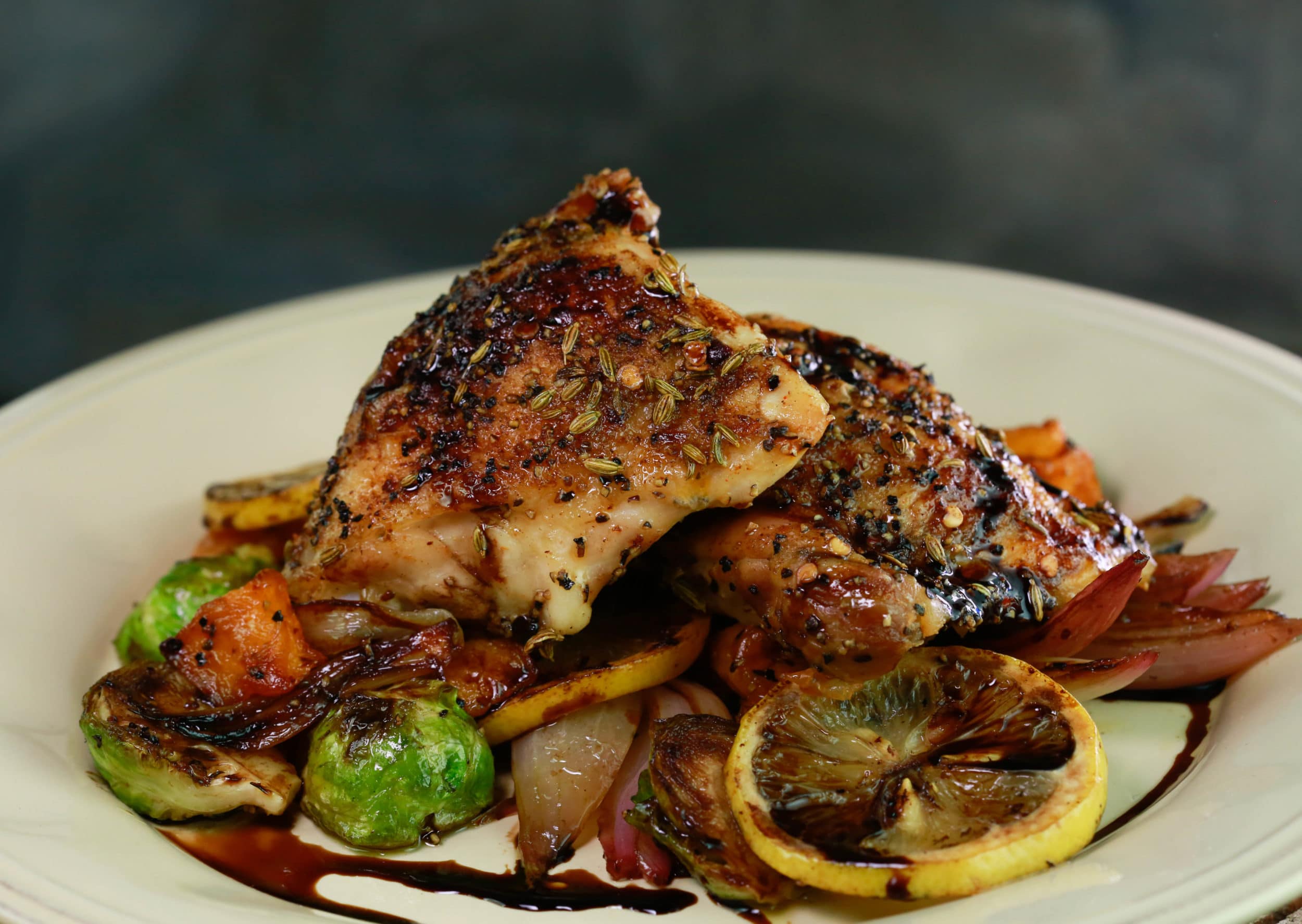 Balsamic Roasted Brussels Sprouts, Butternut Squash and Chicken Thighs