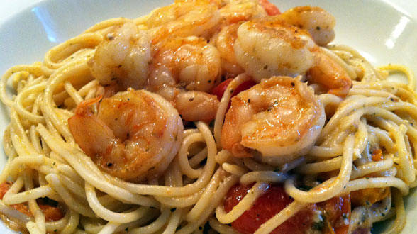 Garlic-Chili Shrimp and Greek Spaghetti with Feta