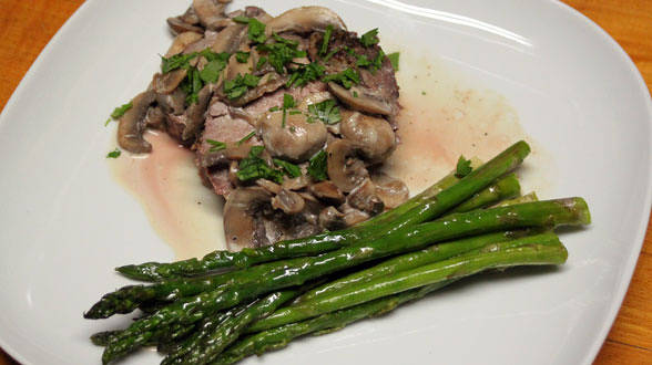 Pepper Crusted Tenderloin with Mushroom Cream and Roast Asparagus