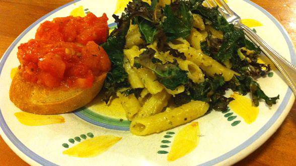 Tuscan Pesto-Dressed Penne with Crispy Kale with Garlic and Broiled...