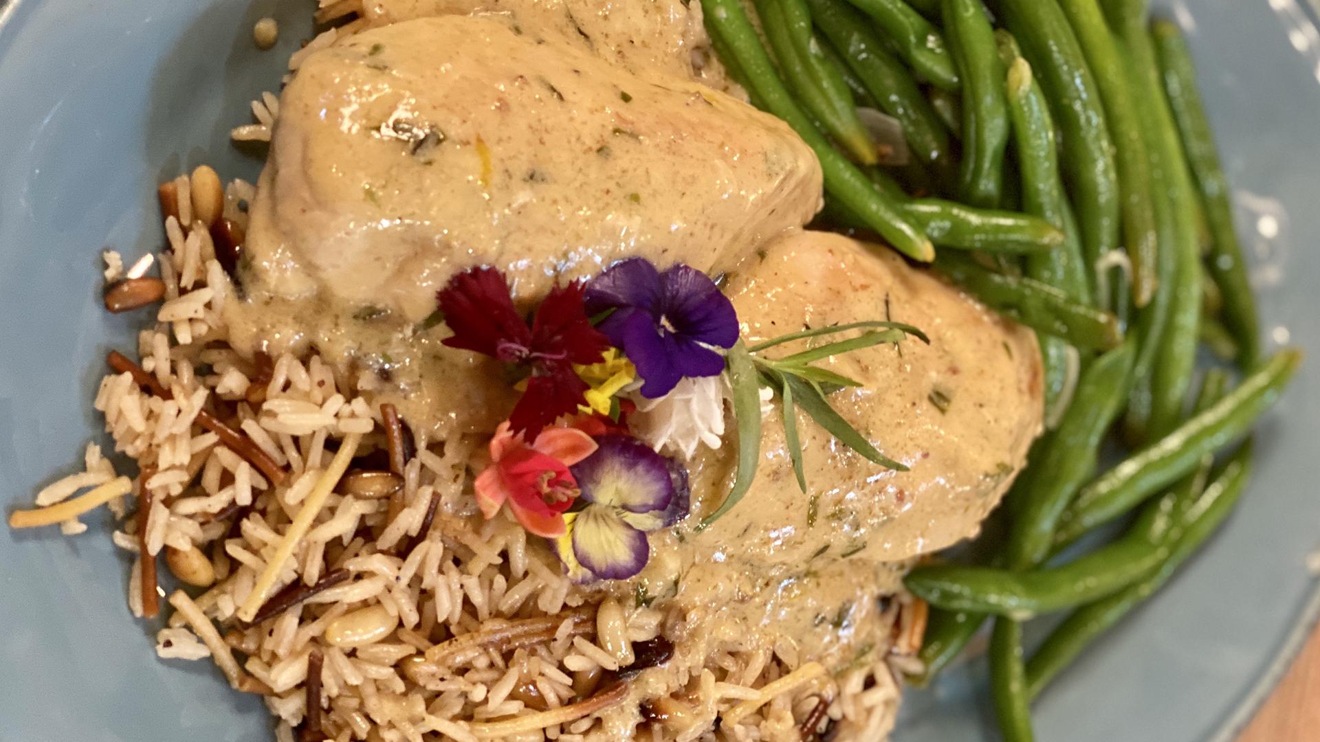 Chicken with Tarragon Cream Sauce, Green Beans with Shallots +...