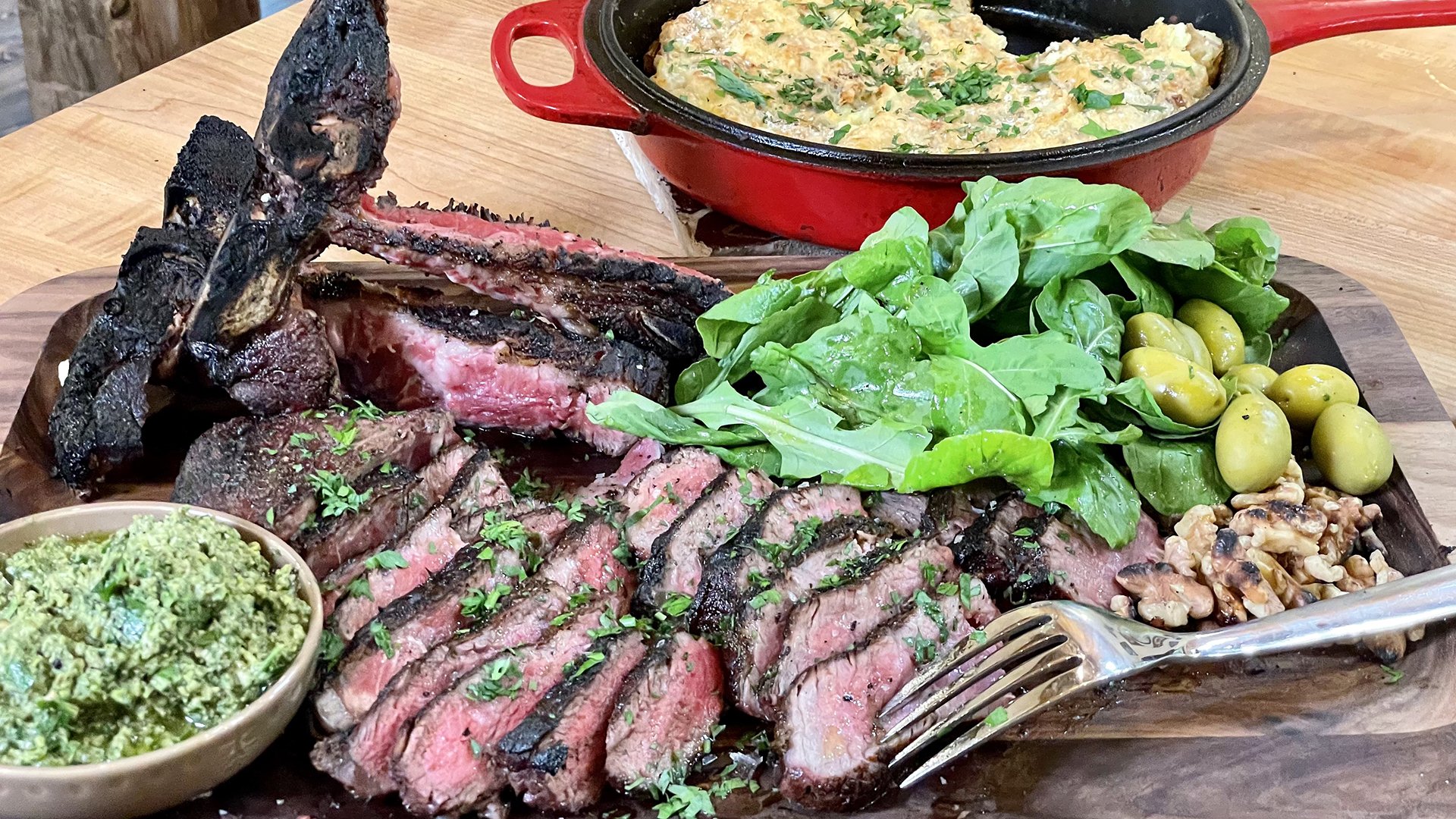 Bistecca (Porterhouse) with Walnut Salsa Verde and Crispy Potato Skillet...