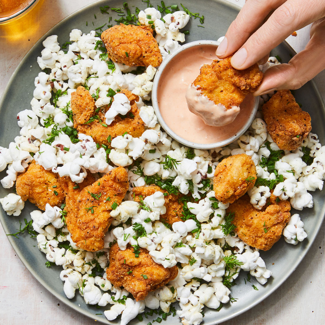 Popcorn Chicken with White Cheddar Popcorn & Buffalo Ranch Dipping...