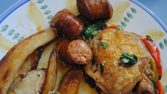 Chicken and Chorizo Skillet Supper with Thick-Cut Oven Fries in...