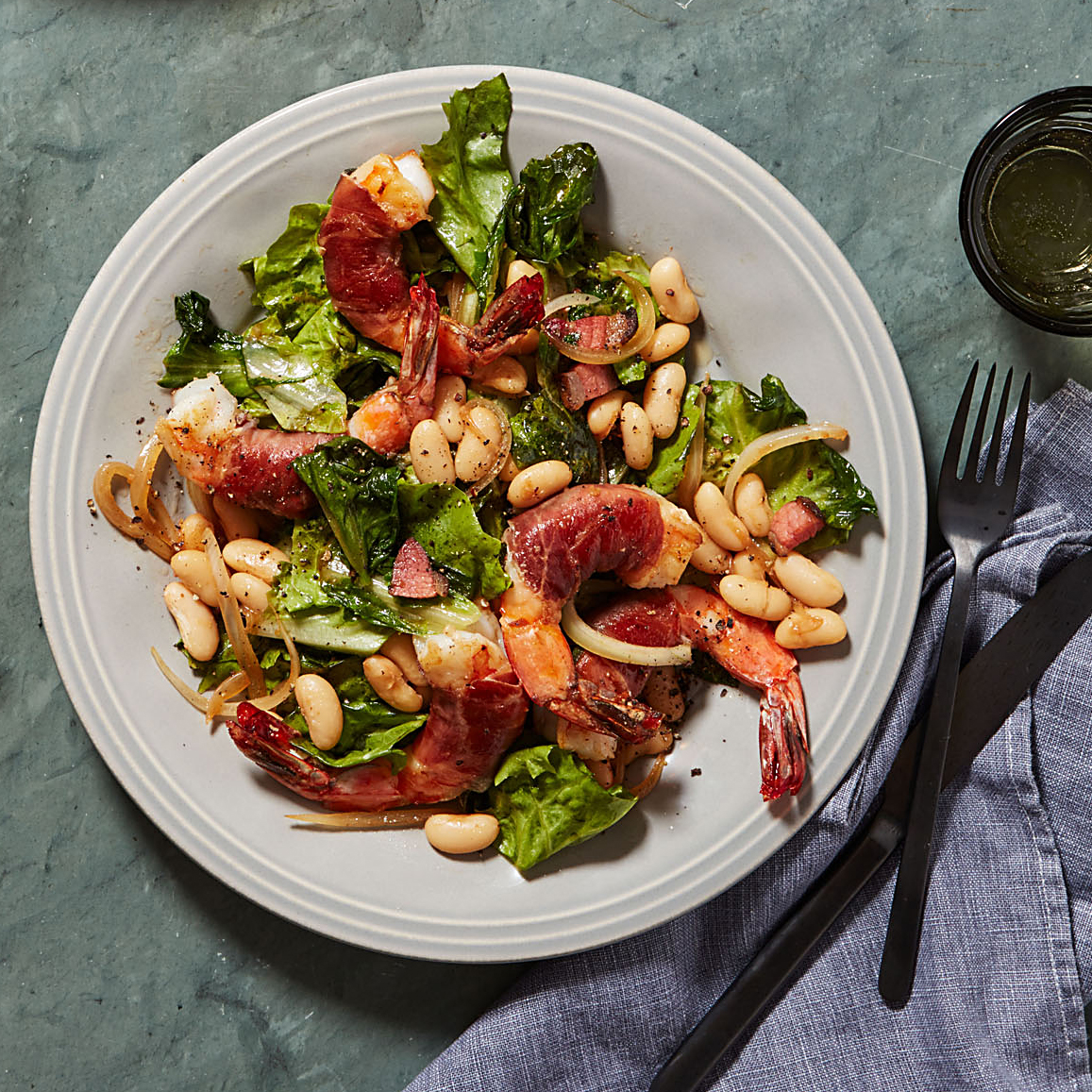 Rachael Ray's Shrimp with Sage & Prosciutto, Warm Escarole Salad, and White Beans