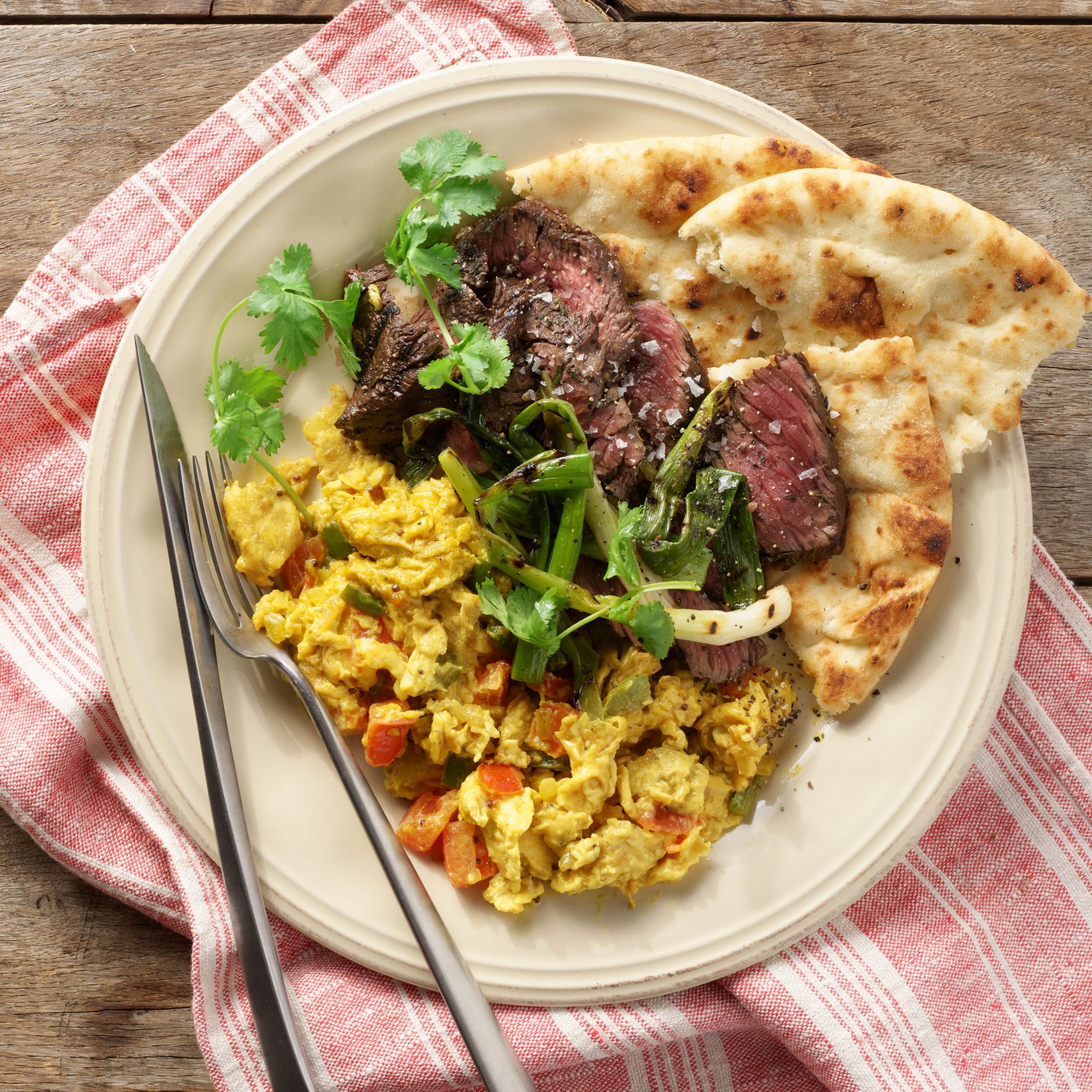 Rachael Ray's Hanger Steak with Scallions & Lime with Anda Bhurji (Indian-Style Scrambled Eggs)