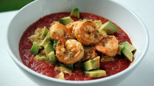 Hot and Cold Gazpacho with Grilled Shrimp and Crushed Tortilla...