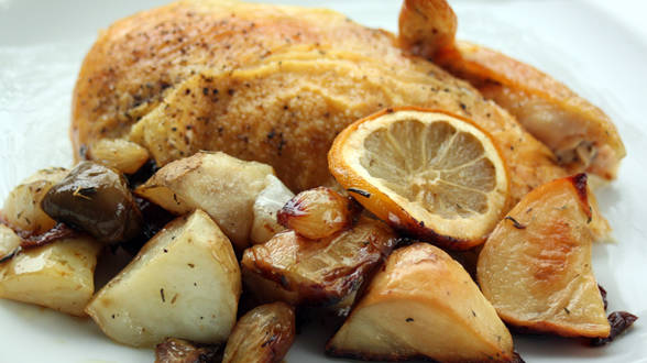 Roast Half Spring Chickens with Potatoes, Olives and Lemon