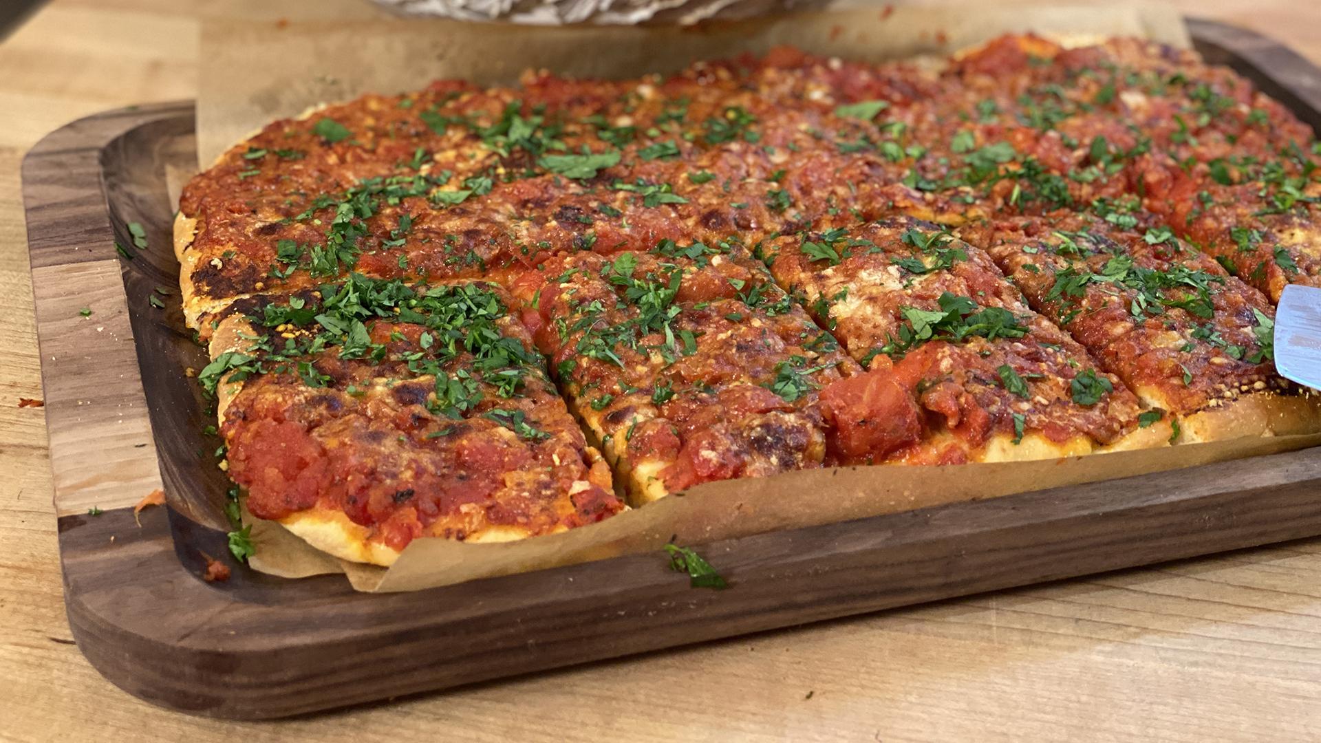 Utica Tomato Pie Made In a Sheet Pan