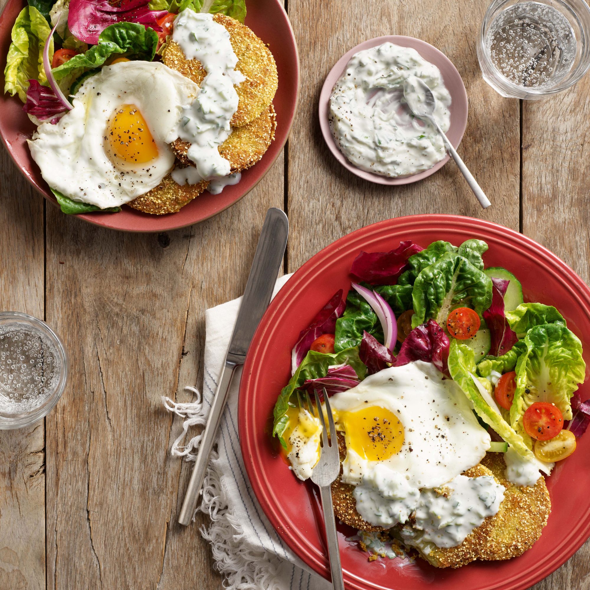 Rachael Ray's Curry-Spiced Fried Green Tomatoes with Cucumber-Jalapeño Raita