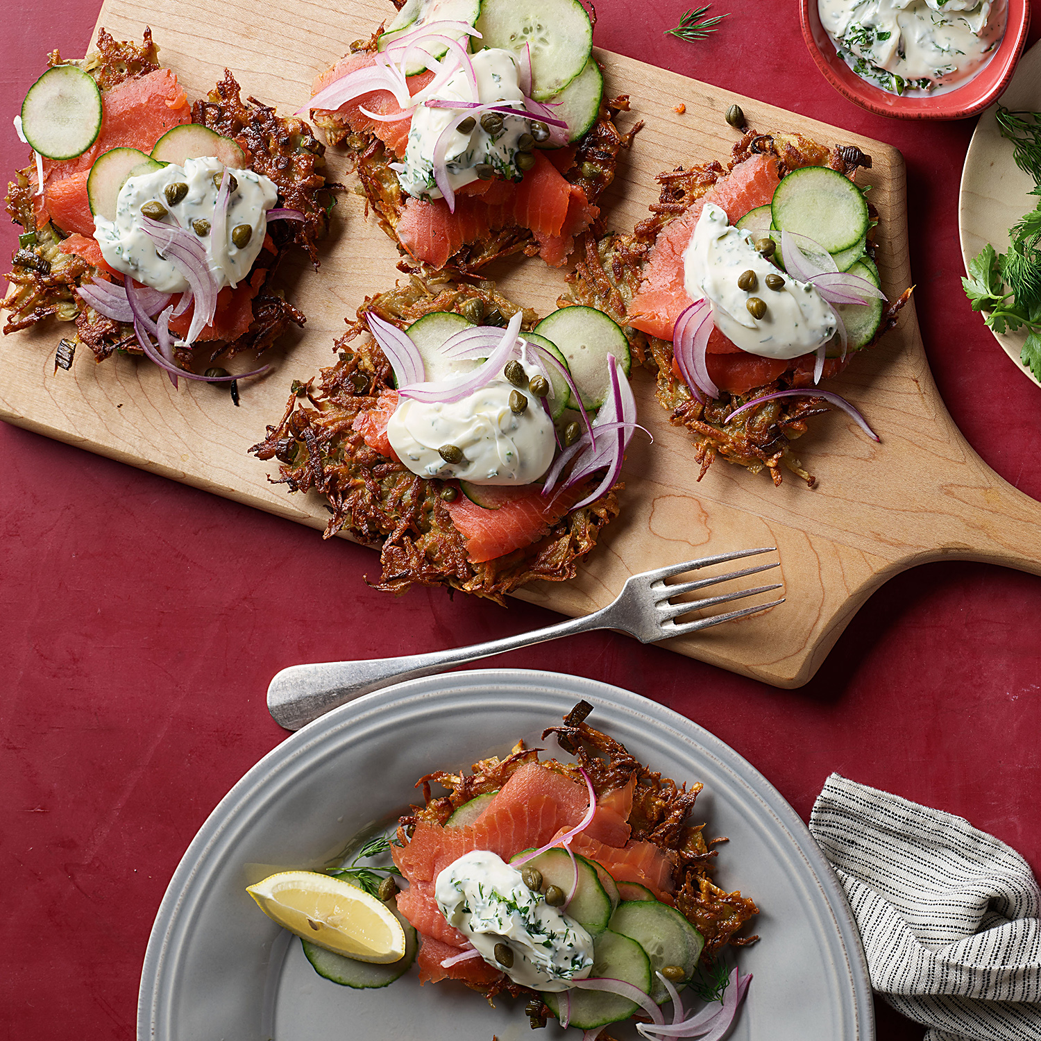 Parsnip-Potato Cakes with Smoked Salmon & Horseradish Crème Fraîche