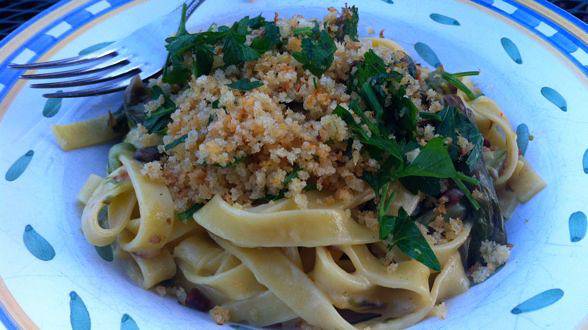 Carbonara-Style Tagliatelle with Grilled Asparagus and Lemon-Herb Breadcrumbs