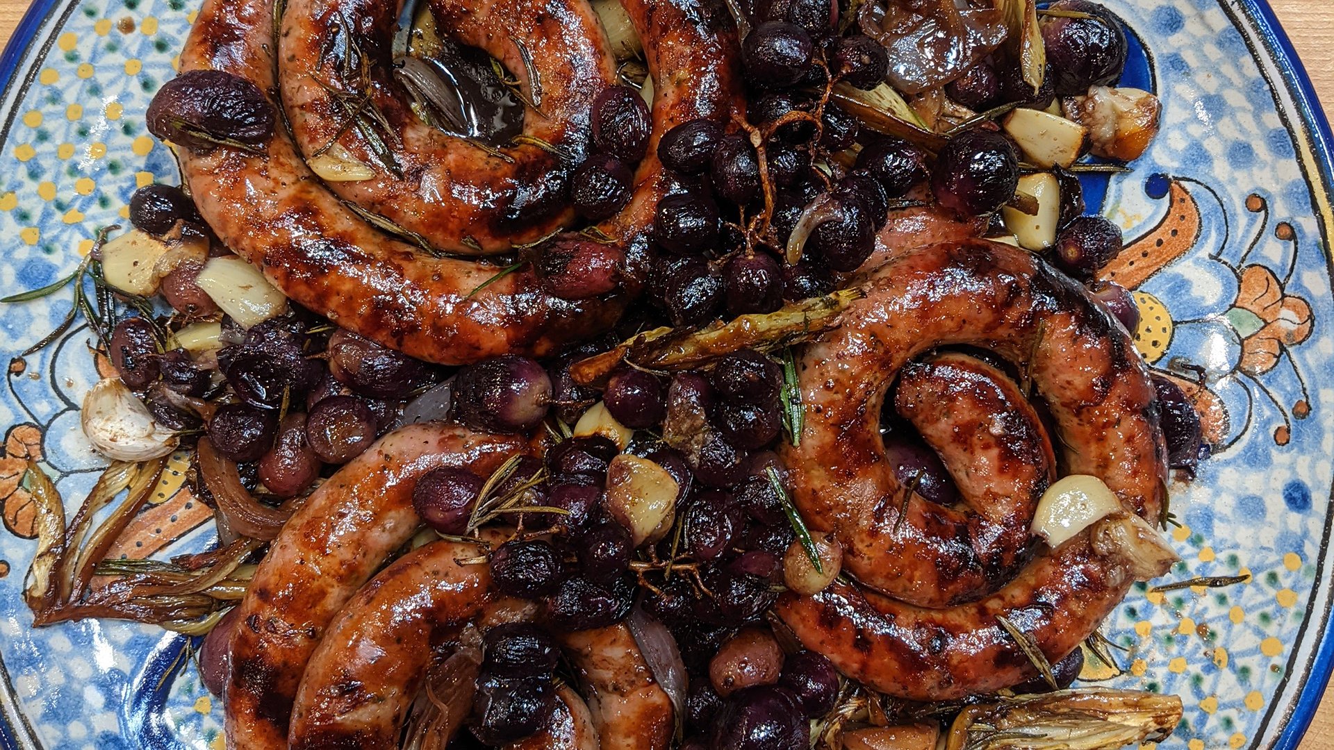 Farro Spaghetti with Kale Pesto and Roasted Sausages with Grapes