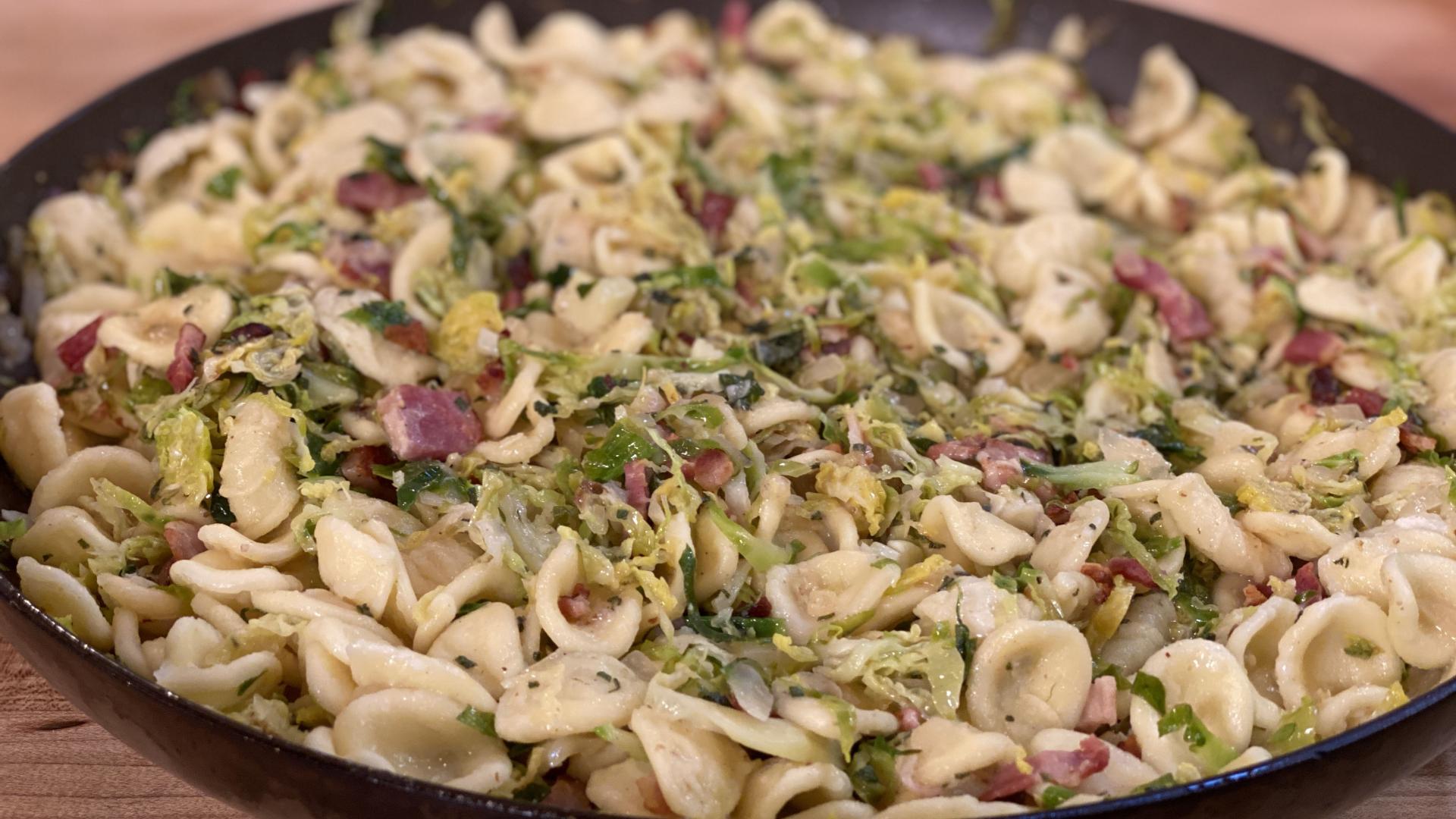 Orecchiette with Bacon, Onion and Brussels Sprouts or Cabbage