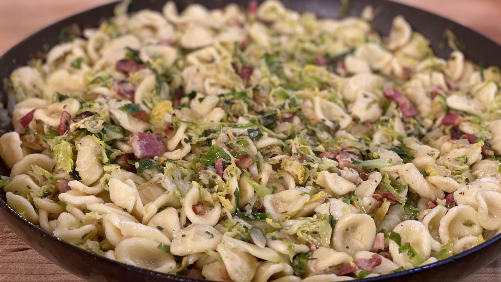 Orecchiette with Bacon, Onion and Brussels Sprouts or Cabbage Rachael