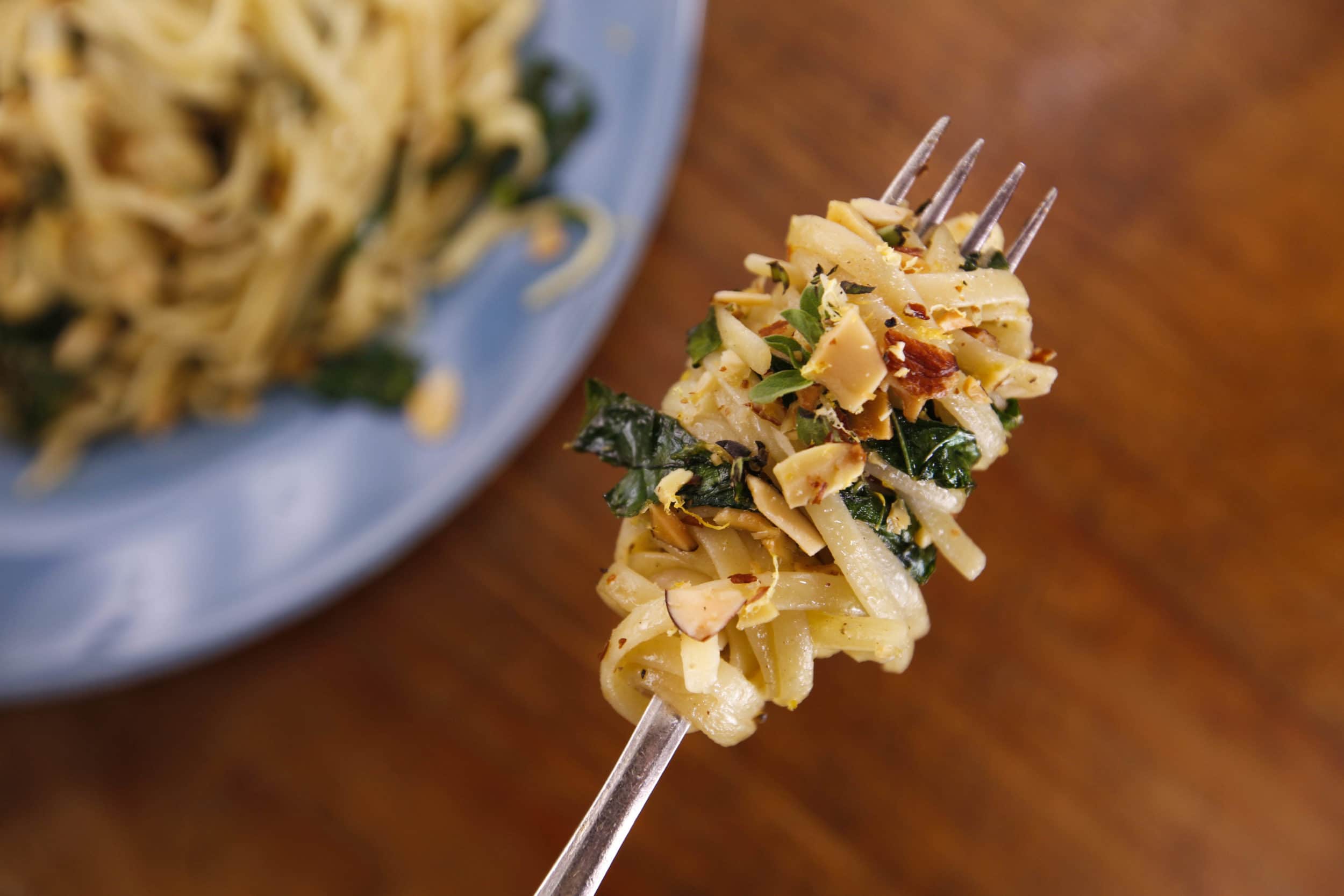 Garlic and Oil Spaghetti with Kale and Almonds