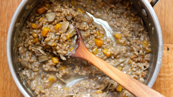 Farro Cremoso: Creamy Farro with Squash, Guanciale, Wild Mushrooms