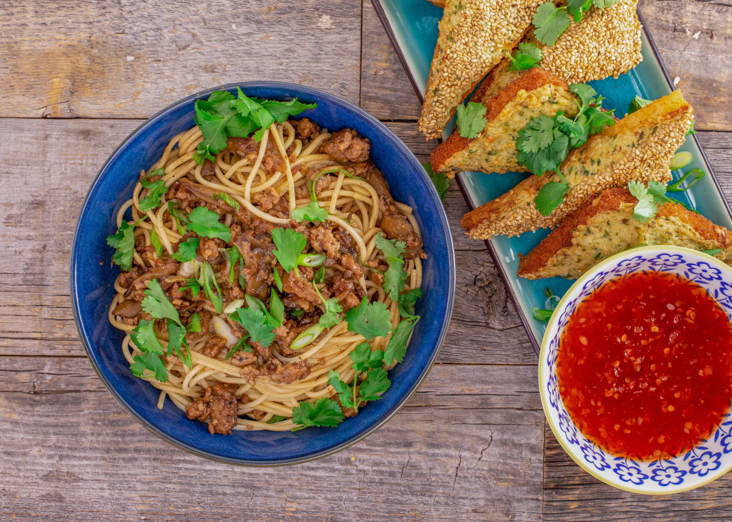Shrimp Toast and Taiwanese Meat Sauce with Egg Noodles or...