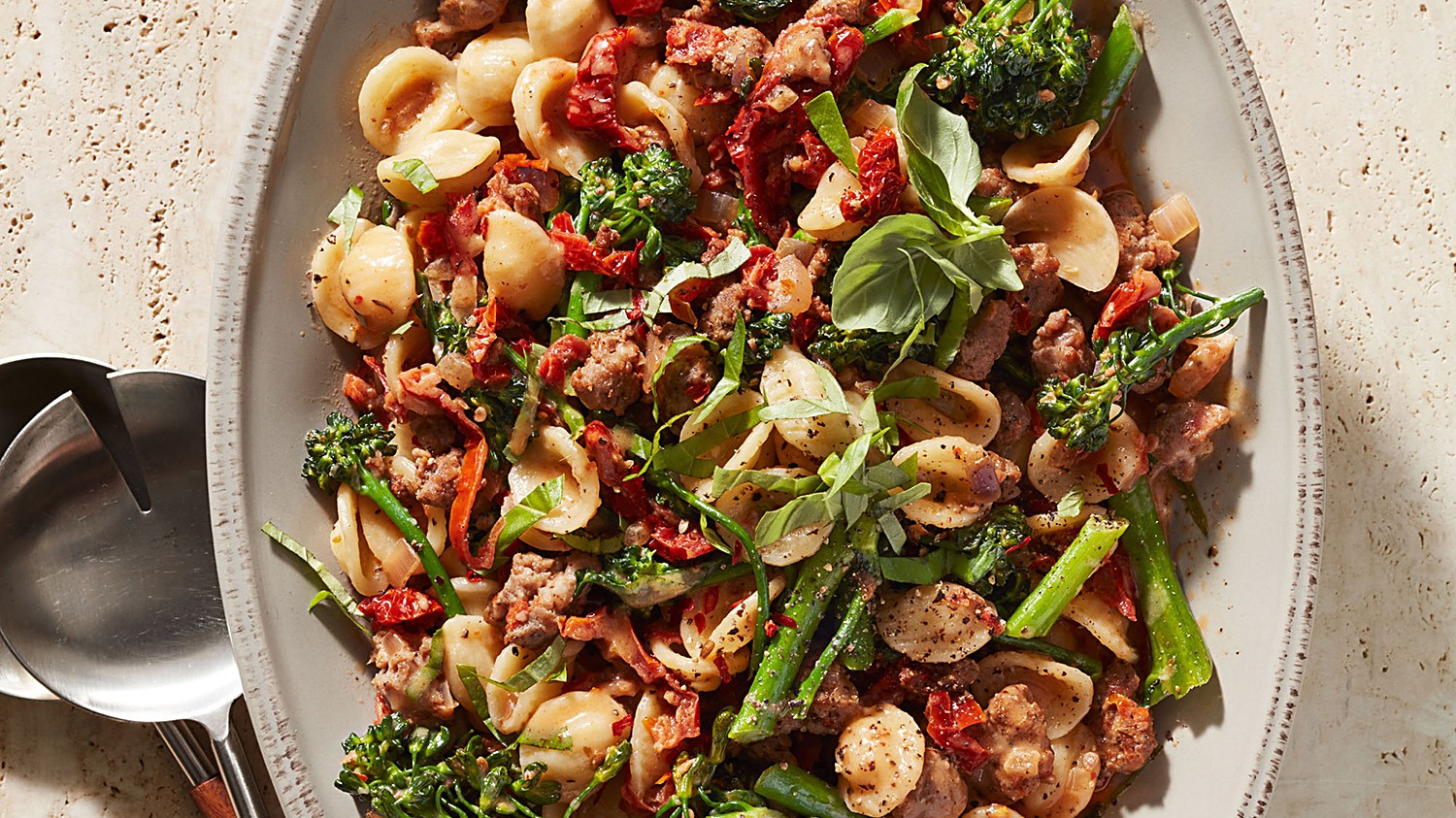 Creamy Orecchiette with Hot Sausage, Broccoli & Sun-Dried Tomatoes