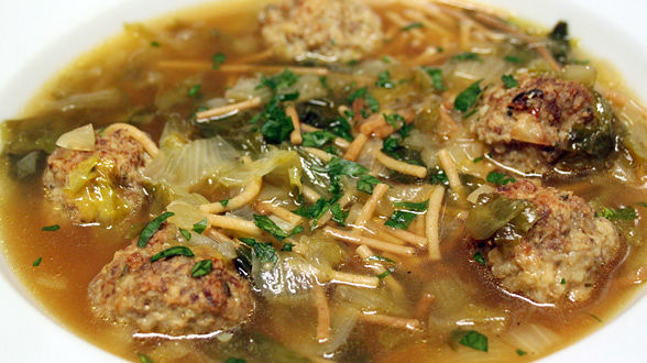 Mini Meatball Soup with Broken Spaghetti and Escarole