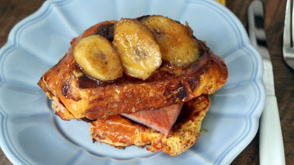 Rum Raisin French Toast with Maple Bananas Foster and Ham...