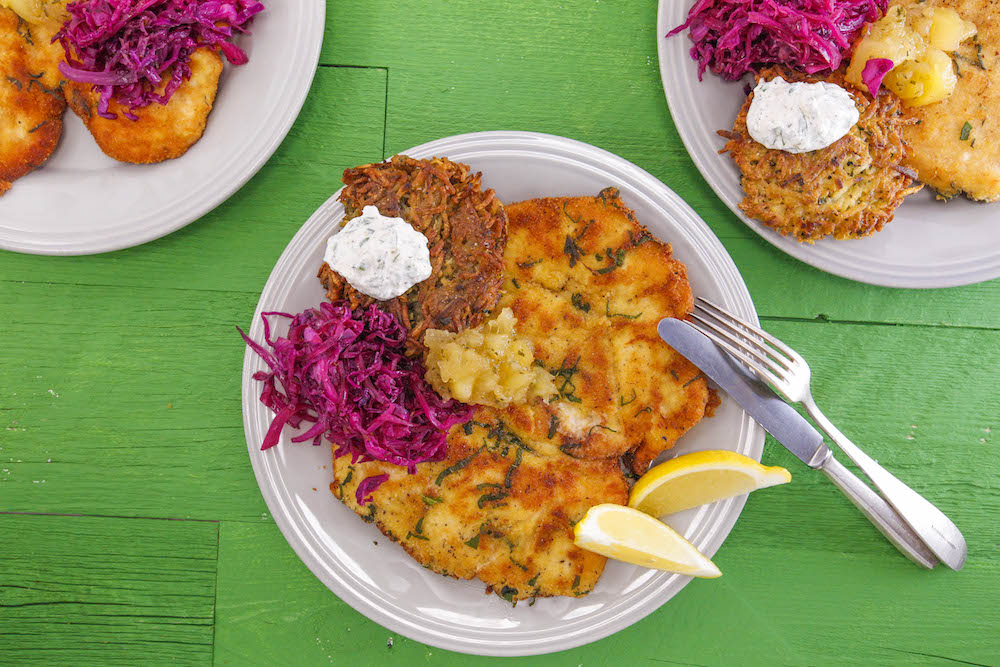 Chicken Schnitzel and Applesauce with Parsnip Cakes and Horseradish Sauce,...