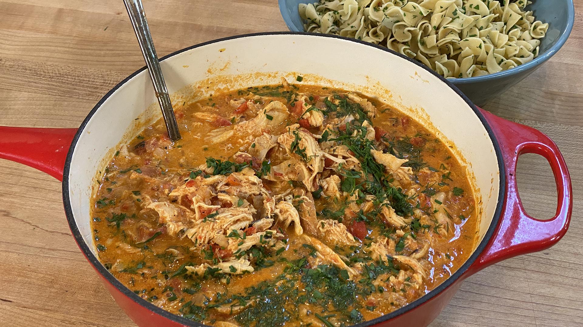 Pulled Chicken Paprikash with Egg Noodles