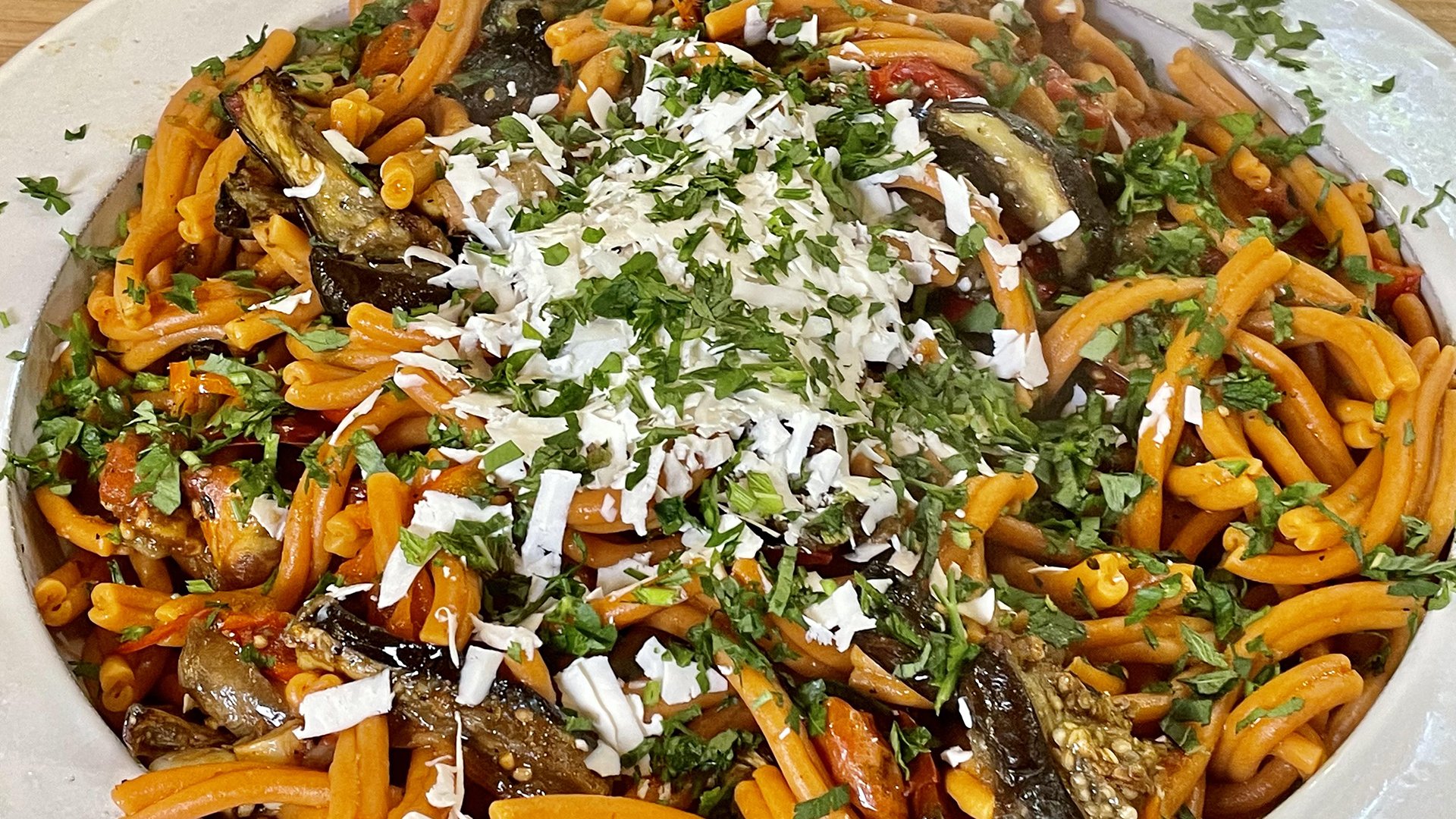 Roasted Eggplant, Pepper and Tomato Pasta