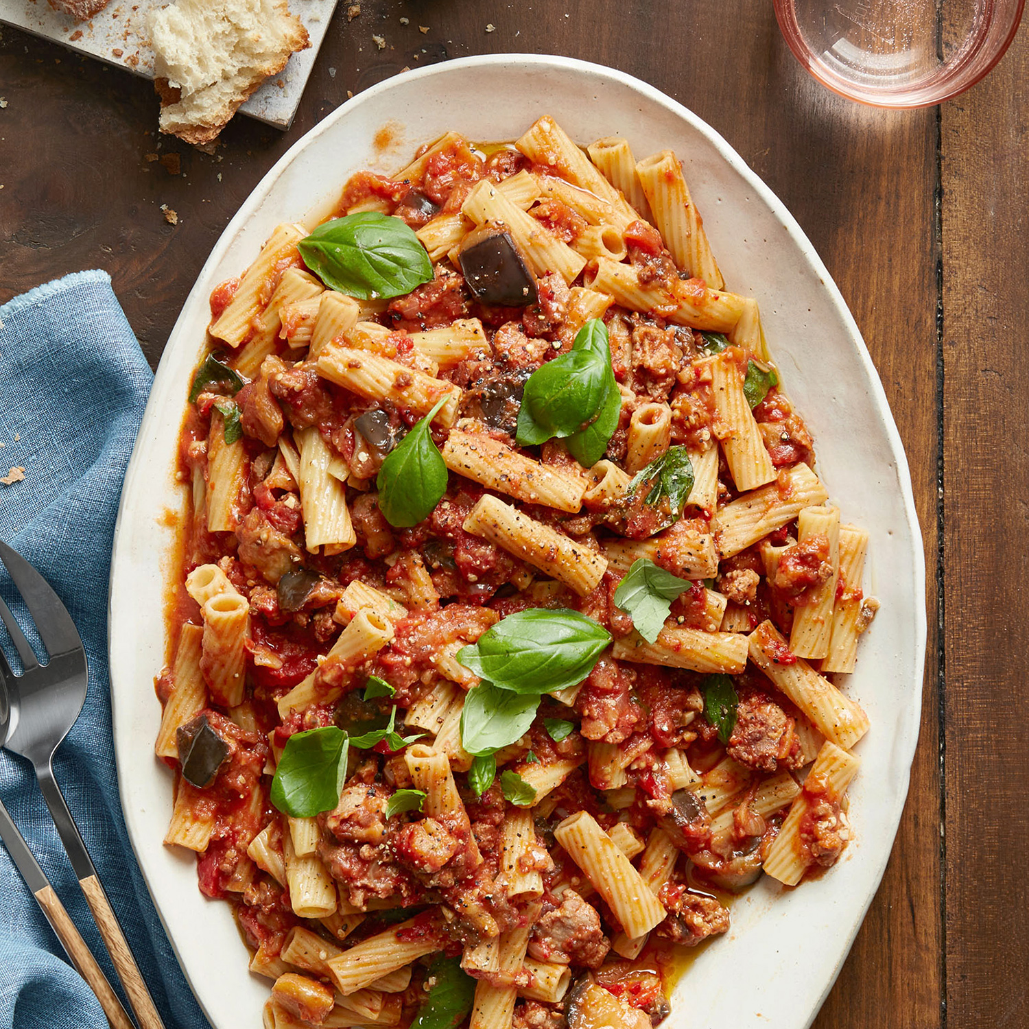 Ziti & Sweet-but-Hot Sauce with Sausage & Eggplant