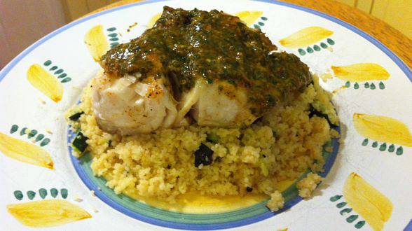 Grilled Fish with Moroccan Chermoula Sauce and Zucchini Couscous
