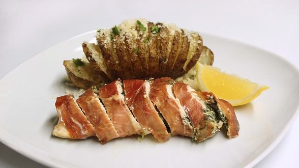 Spinach and Ricotta-Stuffed Chicken with Rosemary Hasselback Potatoes