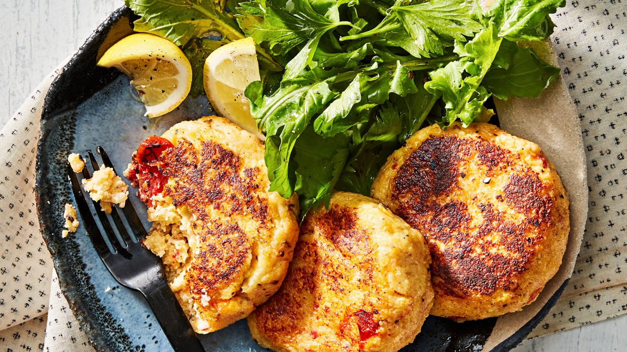 Polenta Fritter Cakes with Semi-Dried Tomatoes