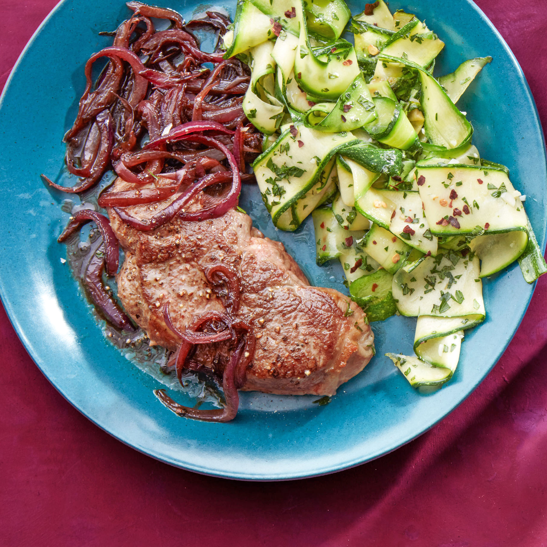 Lamb Steaks with Balsamic Red Onions & Zucchini Ribbons