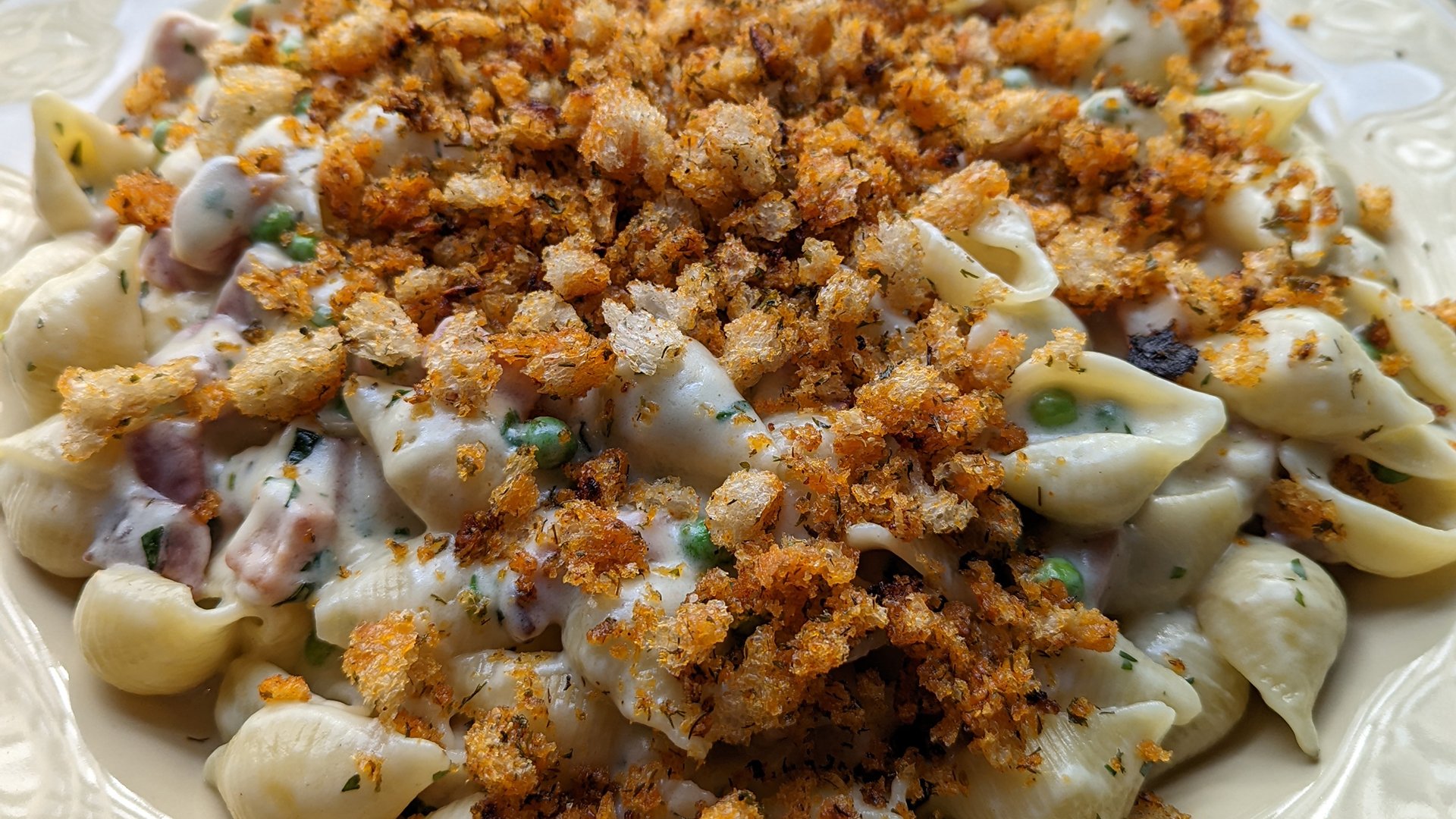 Mac 'n' Swiss with Ham, Peas and Deviled Breadcrumbs |...