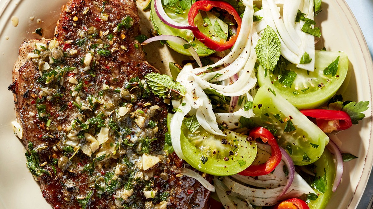 Steaks with Garlic Herb Butter & Green Tomato-Fennel Salad