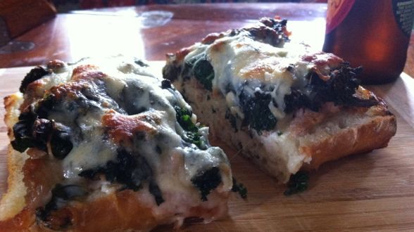 Three-Cheese Bread Pizza with Kale and Sausage