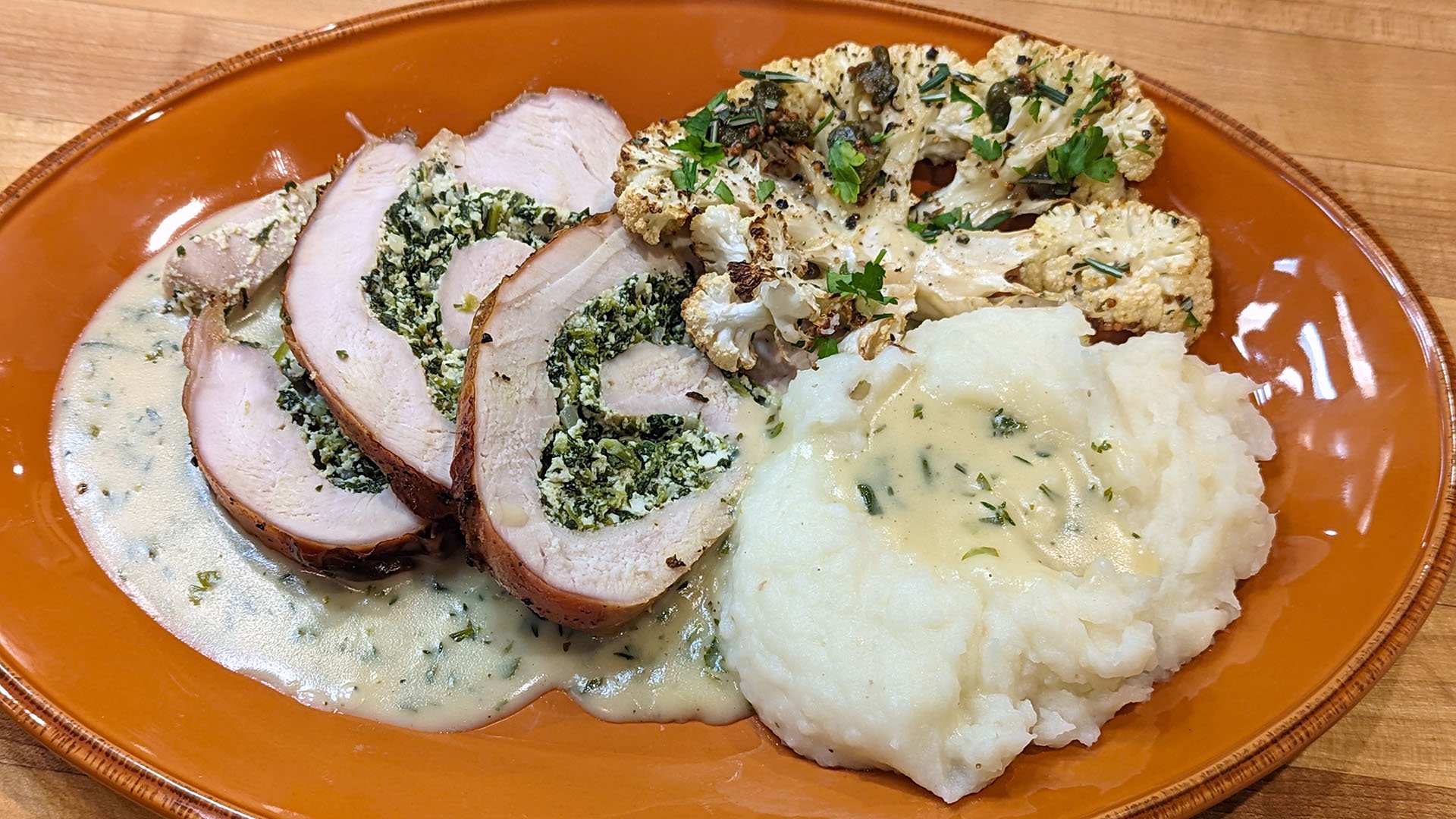 Italian Rolled Turkey Breast with Spinach & Ricotta and Herb Gravy