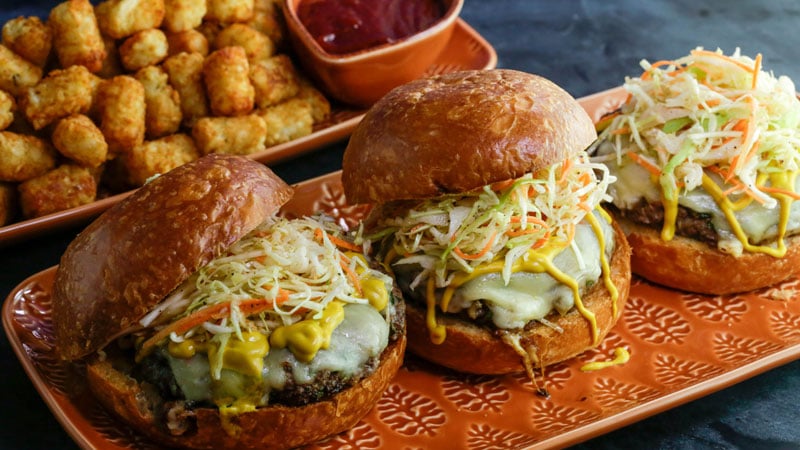 Chili Burgers with Southern-Style Slaw, Mustard and Onions